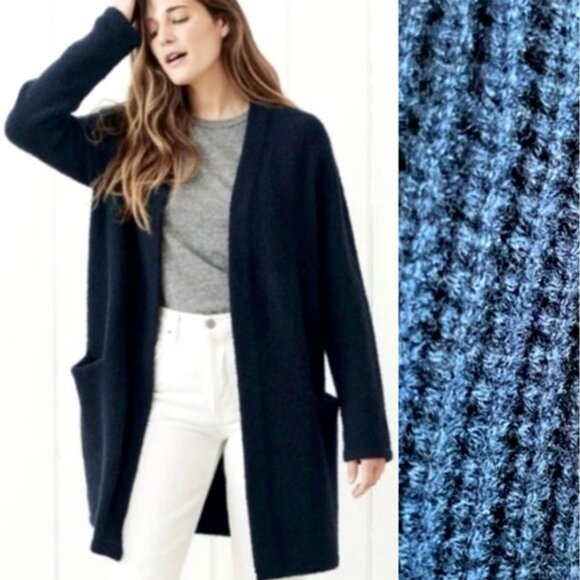 Jenni Kayne XS Waffle Knit CASHMERE Wool Hooded Cardigan Sweater Coat Navy 2 4 - Picture 2 of 8